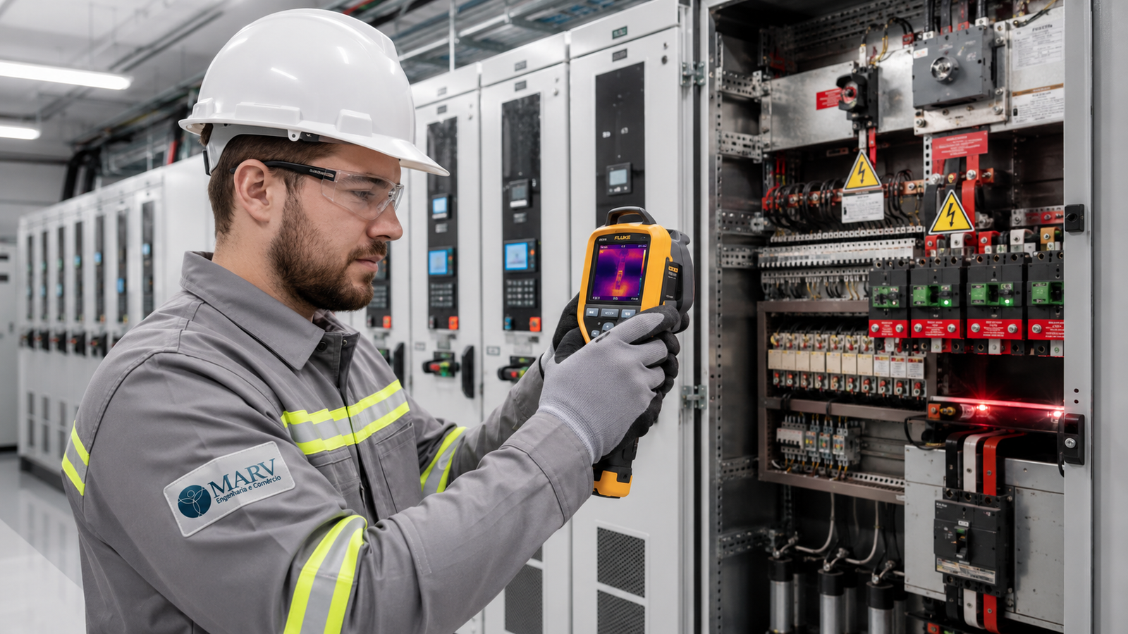 Técnico inspecionando painel elétrico com câmera termográfica